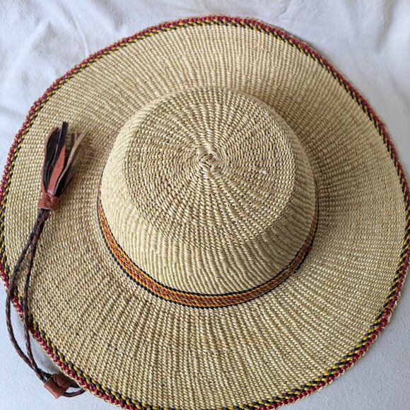Handwoven Unisex Large Brim Straw Hat with Leather Tethers African Straw Hat - Picture 2 of 9